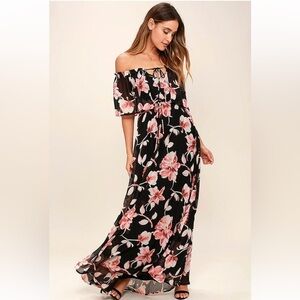 Lulus Infinite Love Black Floral Print Off-the-Shoulder‎ Maxi Dress Sz Small